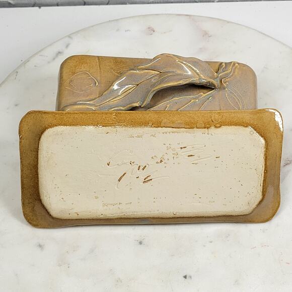 Handmade Pottery Butter Dish with Lid Leaf Handle Studio Stoneware Brown Glaze - Picture 14 of 16